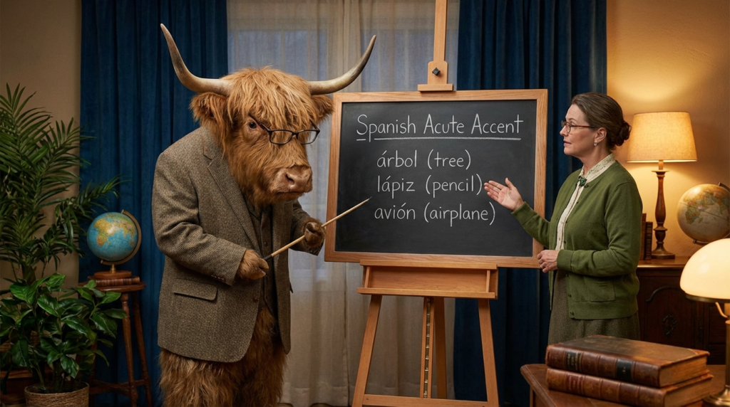 A personified yak Spanish teacher that explains Spanish acute accent rules for beginners with á é í ó ú.