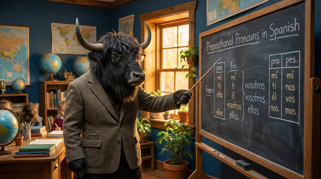 A personified yak Spanish teacher that explains Spanish prepositional pronouns with real-life examples.