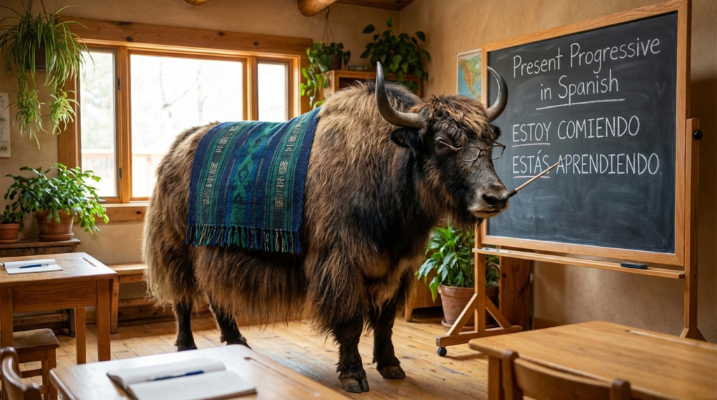 A personified yak Spanish teacher that explains the Spanish relative pronoun que with real examples, common mistakes, and que vs quien tips.