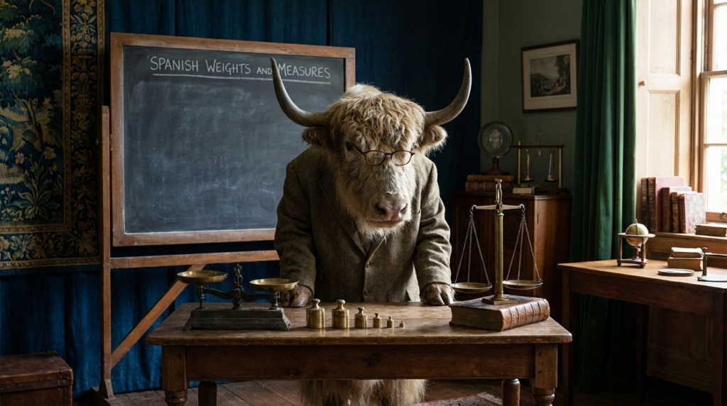 A personified yak Spanish teacher that teaches Spanish weights and measures with metric, cooking, and shopping examples.