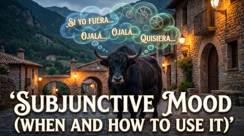 A personified yak Spanish teacher that explains Spanish subjunctive mood rules with real-life examples for beginners.