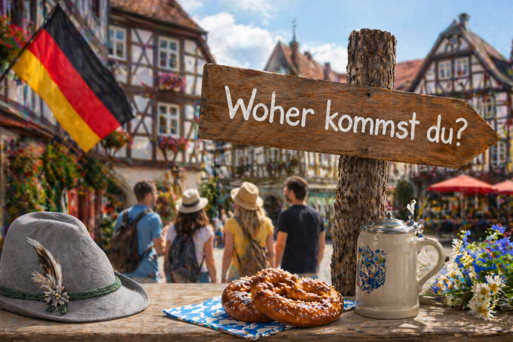A pretzel and a German hat on a table in Germany under a sign that says Where Are You From in German