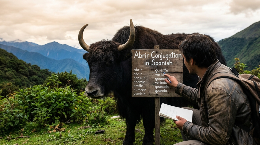 A personified yak Spanish teacher that explains abrir conjugation in Spanish with easy verb charts and examples.