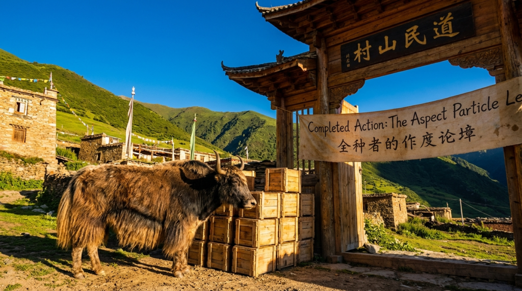 A personified yak Chinese teacher that teaches simplified Chinese 了 le for completed actions with beginner grammar examples.