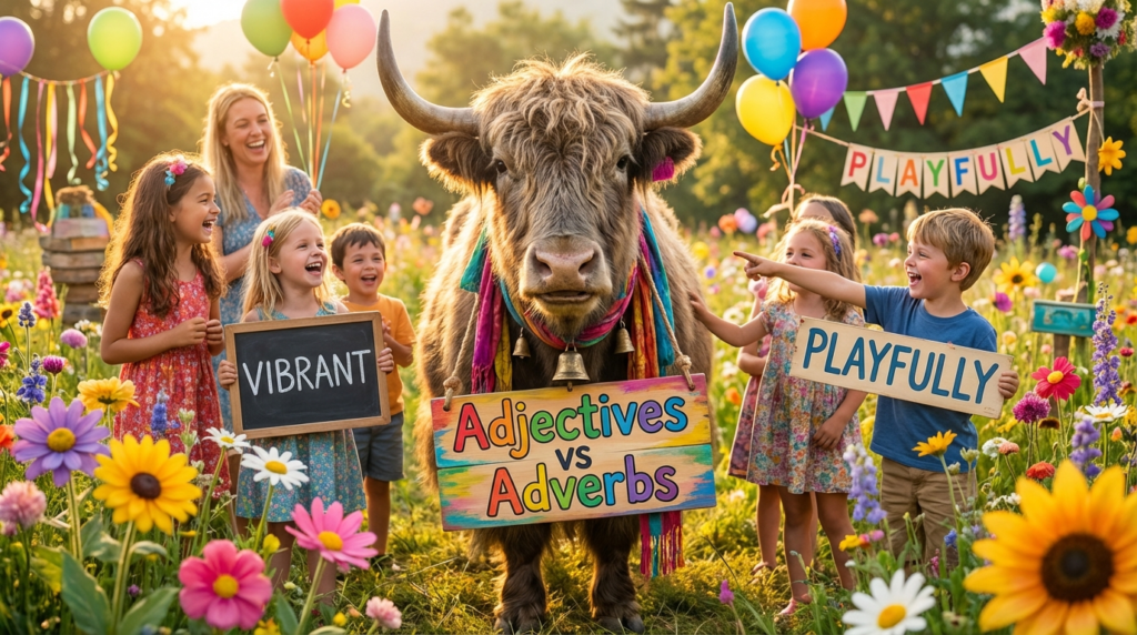 A personified yak English teacher that explains English adjectives vs adverbs with easy rules and real examples.