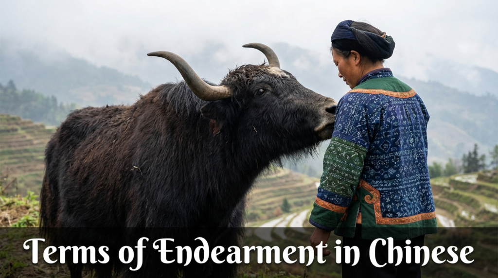 A personified yak Chinese teacher that explains Chinese terms of endearment with pinyin, meanings, and real-life examples.