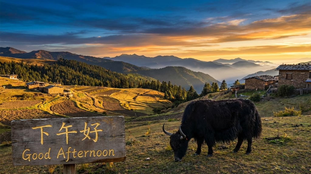 A personified yak Chinese teacher that teaches good afternoon in Chinese with 下午好 xiàwǔ hǎo for beginners.
