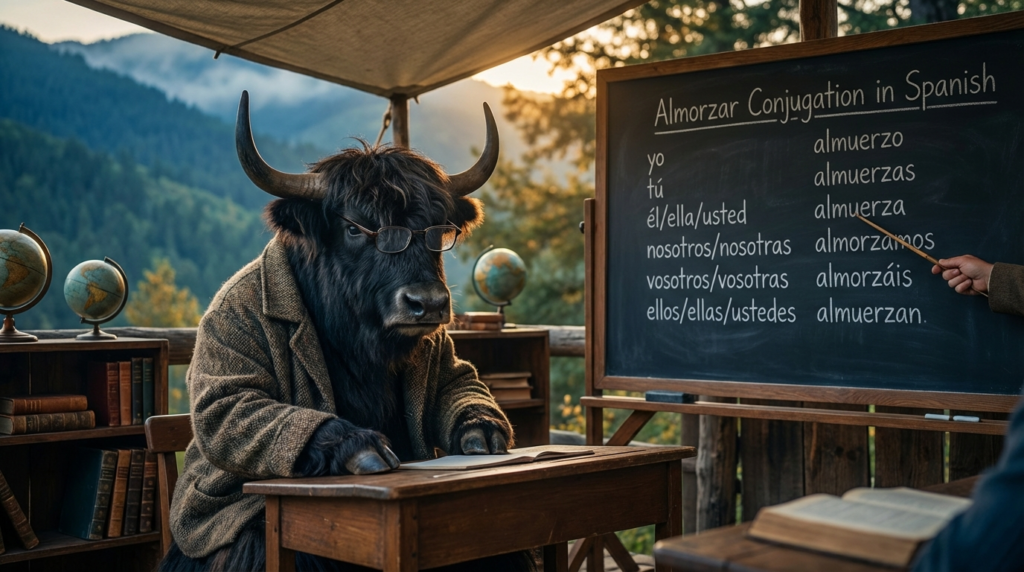 A personified yak Spanish teacher that teaches Spanish repetir conjugation with easy charts and real-life examples.