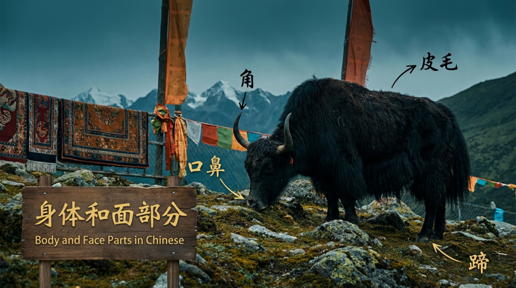 A personified yak Chinese teacher that teaches body and face parts in Chinese with pinyin for beginners.