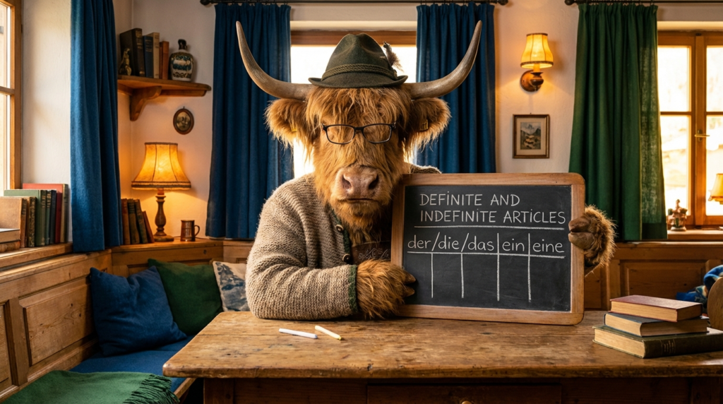 A personified yak German teacher that explains German articles der die das and article declensions for beginners.