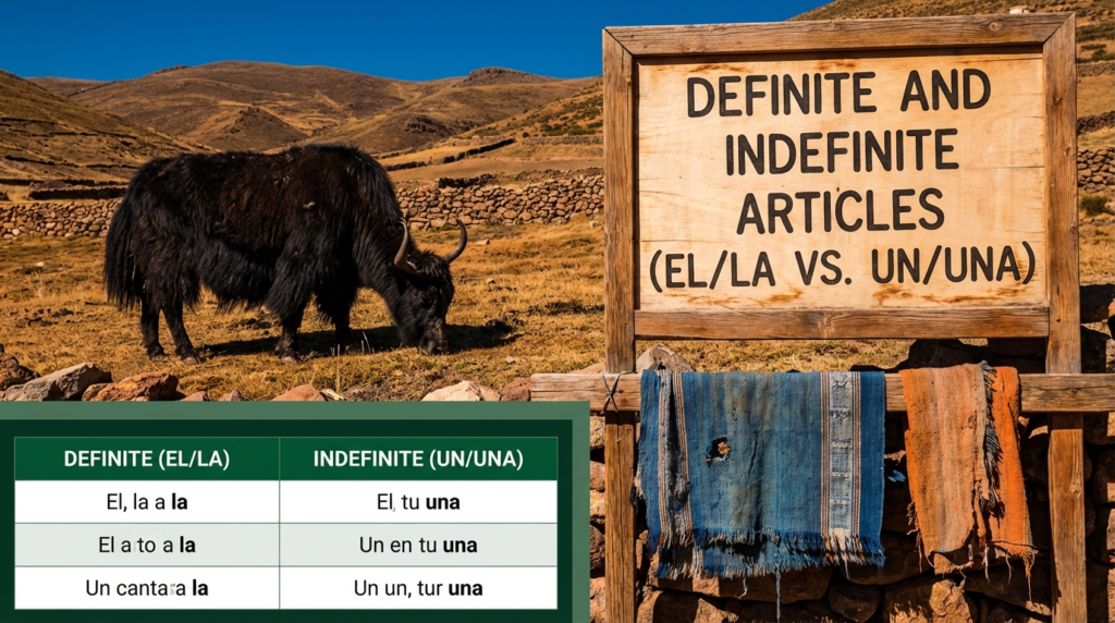 A personified yak Spanish teacher that teaches el/la vs un/una definite and indefinite articles with real-life examples.