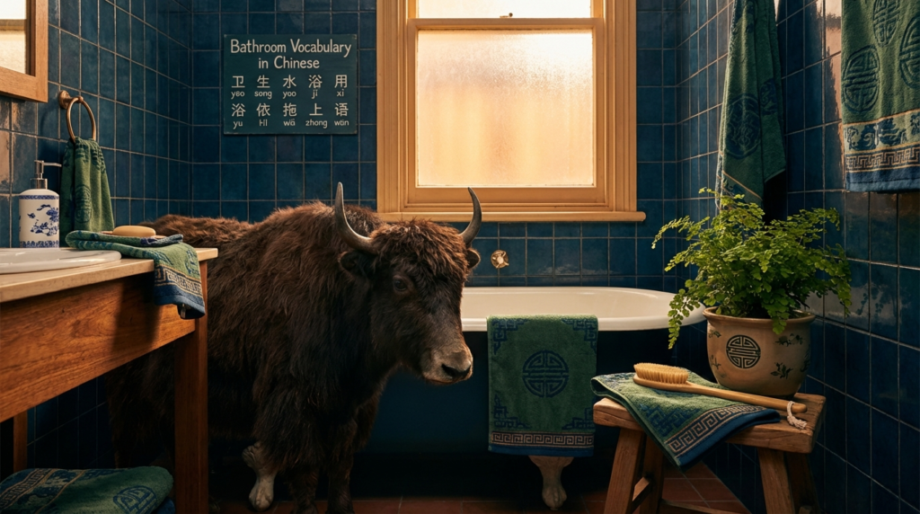 A personified yak Chinese teacher that teaches bathroom vocabulary in Chinese with pinyin for beginners.