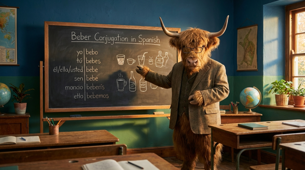 A personified yak Spanish teacher that explains almorzar conjugation in Spanish with easy verb charts and lunch examples.