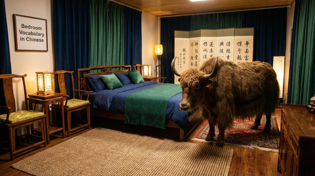 A personified yak Chinese teacher that teaches bedroom vocabulary in Chinese with pinyin and real-life examples.