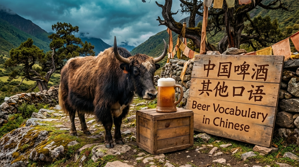 A personified yak Chinese teacher that teaches Chinese beer vocabulary with pinyin and real-life ordering phrases.