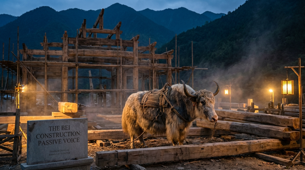 A personified yak Chinese teacher that explains simplified Chinese passive voice with the 被 bèi construction for beginners.