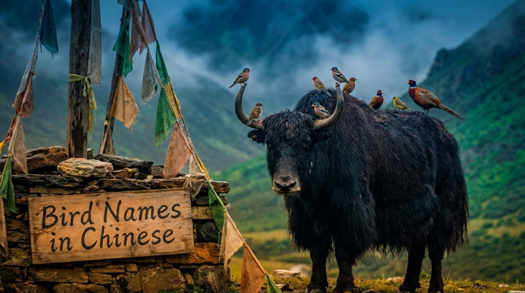A personified yak Chinese teacher that teaches bird names in Chinese for beginners.