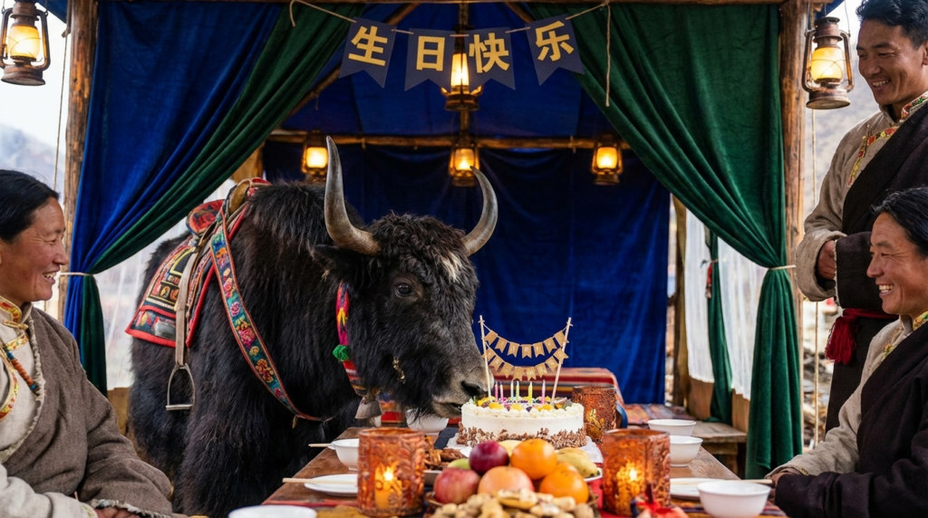 A personified yak Chinese teacher that teaches happy birthday in Chinese with pinyin and real-life birthday phrases.