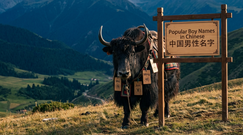 A personified yak Chinese teacher that teaches popular Chinese boy names with pinyin and meanings for beginners.