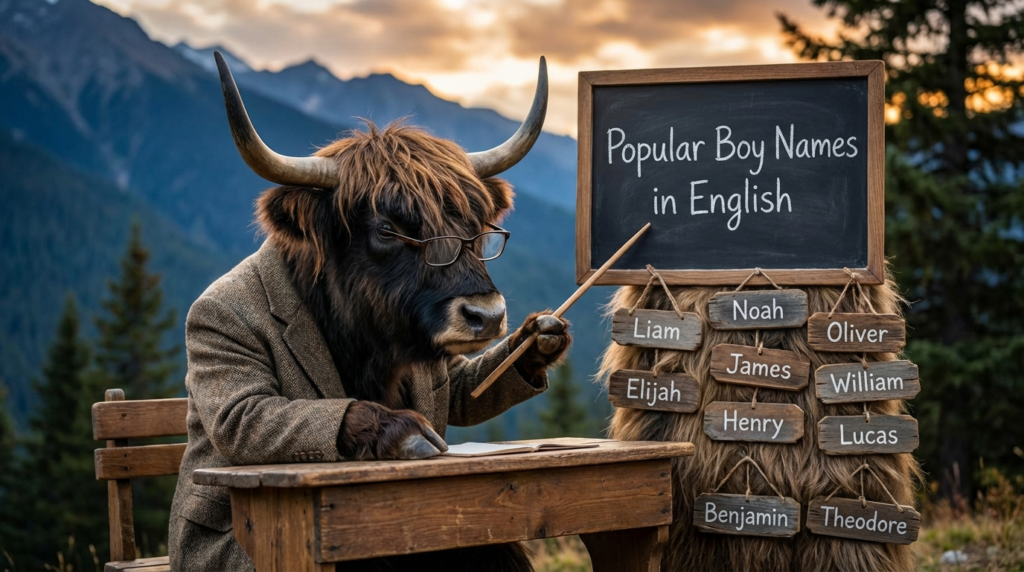 A personified yak English teacher that teaches English boy names, popular boy names, and name meanings.