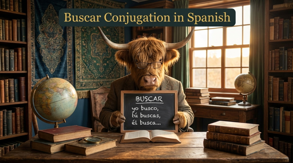A personified yak Spanish teacher that teaches buscar conjugation in Spanish with verb charts and real-life examples.