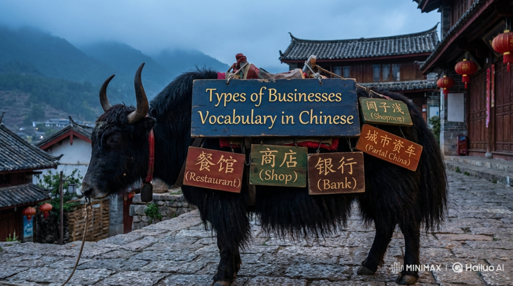 A personified yak Chinese teacher that teaches types of businesses vocabulary in simplified Chinese for beginners.