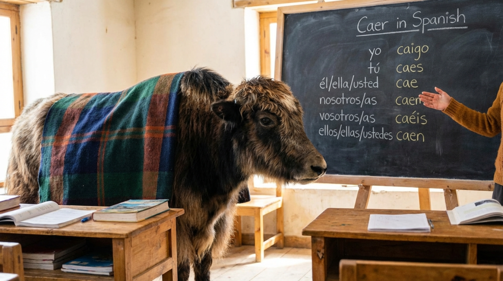 A personified yak Spanish teacher that explains the Spanish caer verb meaning, conjugation, and common phrases for beginners.