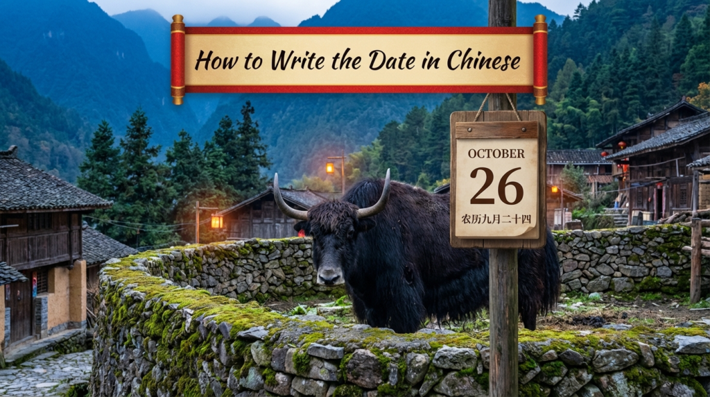 A personified yak Chinese teacher that explains how to write the date in Chinese.