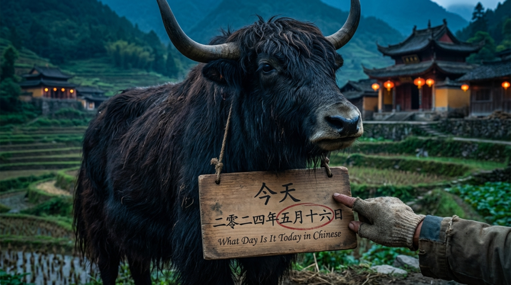 A personified yak Chinese teacher that teaches simplified Chinese what day is it today phrases, days of the week, and dates.