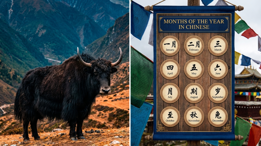 A personified yak Chinese teacher that teaches Chinese months of the year with pinyin for beginners.