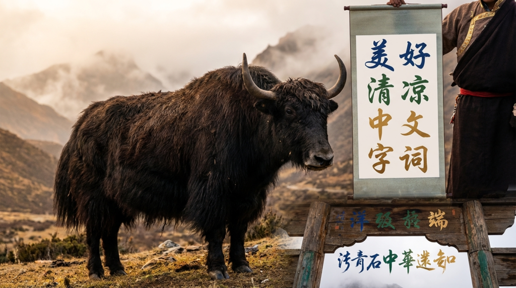 A personified yak Chinese teacher that teaches simplified Chinese beautiful and cool words with pinyin for beginners.