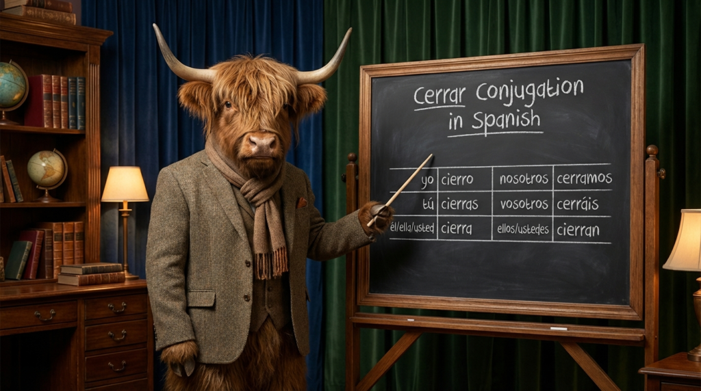 A personified yak Spanish teacher that explains cerrar conjugation in Spanish with beginner charts, commands, and real-life examples.