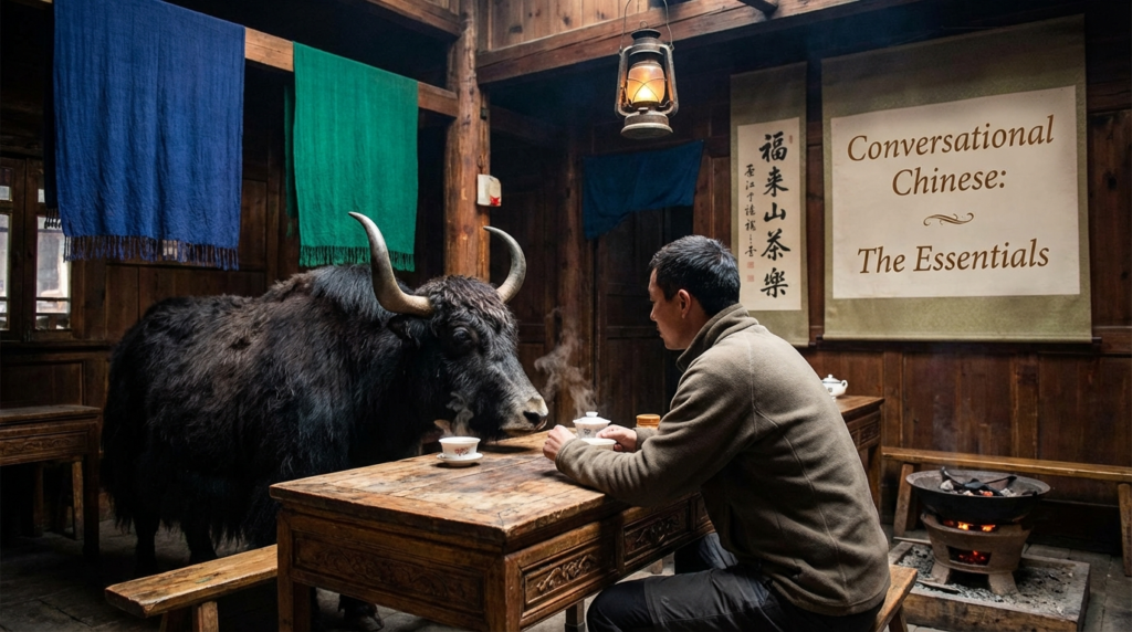 A personified yak Chinese teacher that teaches conversational Chinese essentials for beginners with common Mandarin phrases.