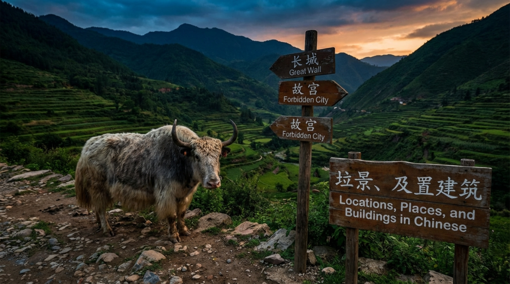 A personified yak Chinese teacher that teaches Chinese locations, places, and buildings vocabulary for beginners.