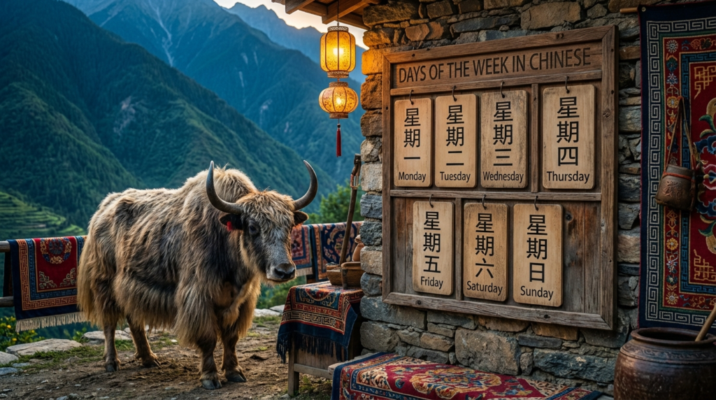 A personified yak Chinese teacher that explains days of the week in Chinese with pinyin and beginner-friendly examples.