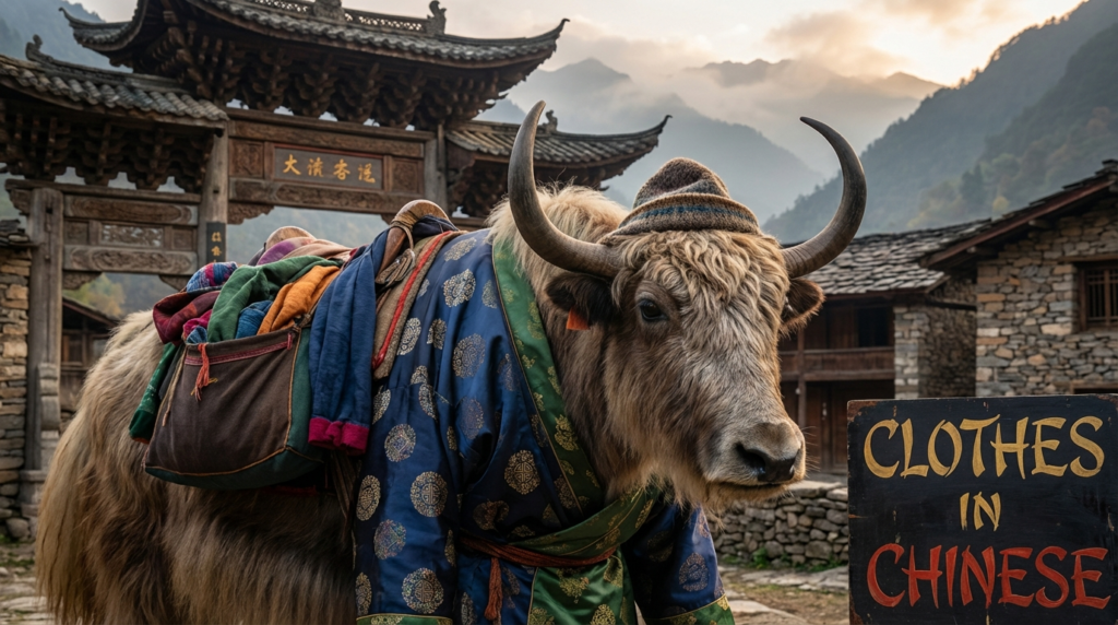 A personified yak Chinese teacher that teaches clothes in Chinese with beginner words, pinyin, and real-life examples.