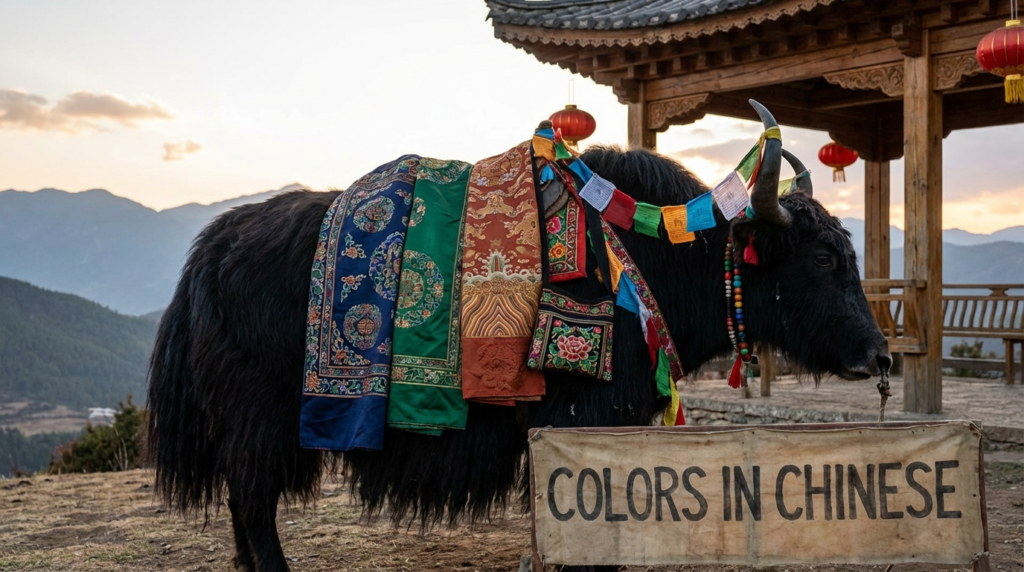 A personified yak Chinese teacher that teaches Chinese colors in simplified Chinese with pinyin for beginners.