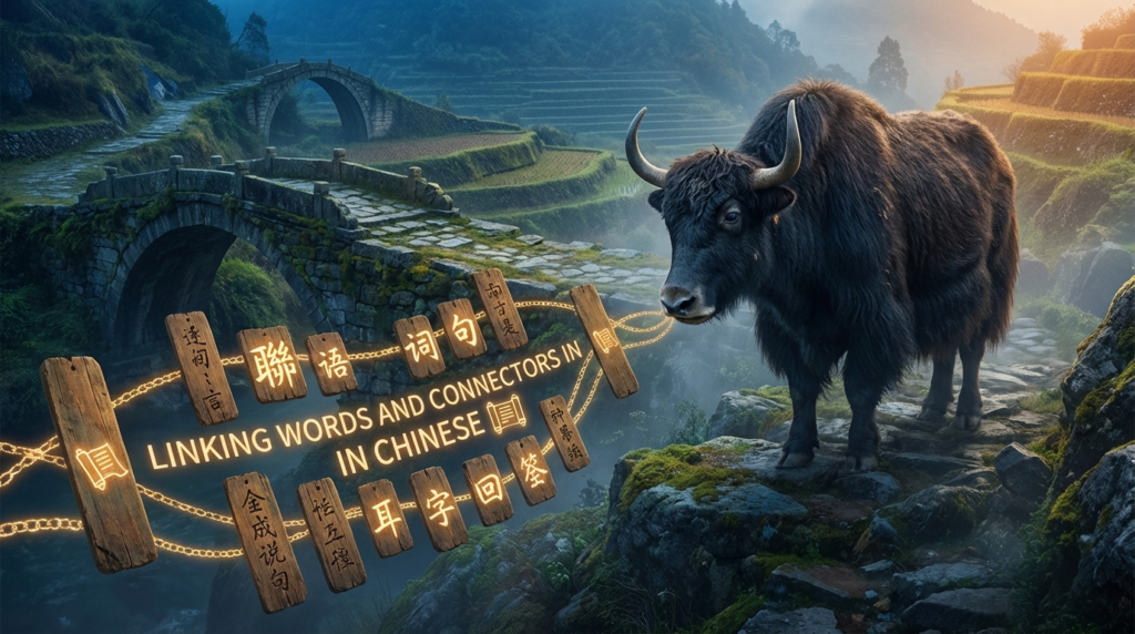 A personified yak Chinese teacher that explains simplified Chinese linking words and connectors for beginners.