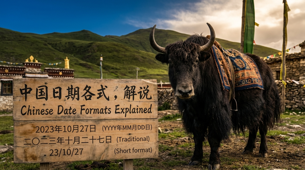 A personified yak Chinese teacher that explains simplified Chinese date formats for beginners.