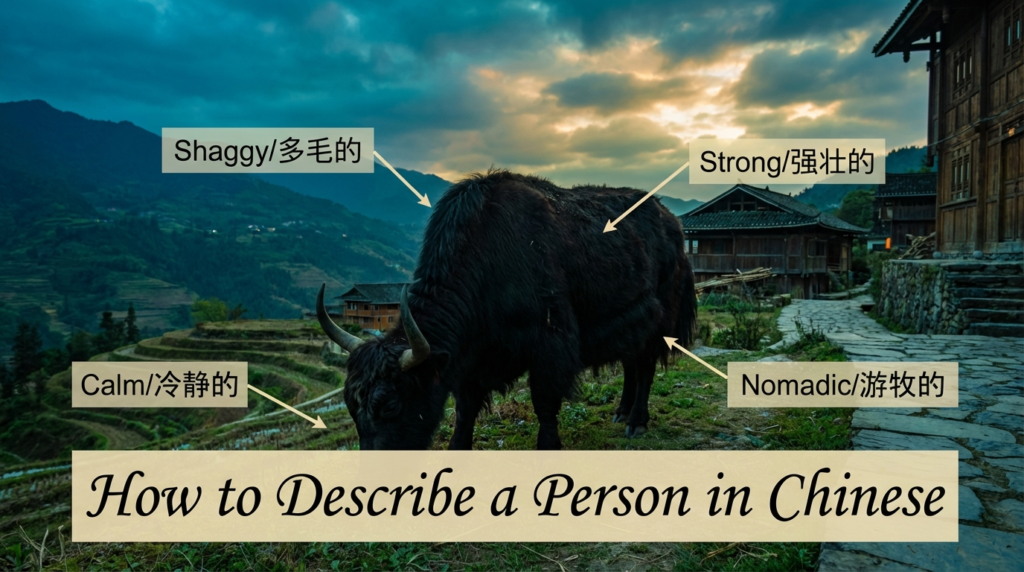 A personified yak Chinese teacher that teaches how to describe a person in Chinese with easy words and example sentences.