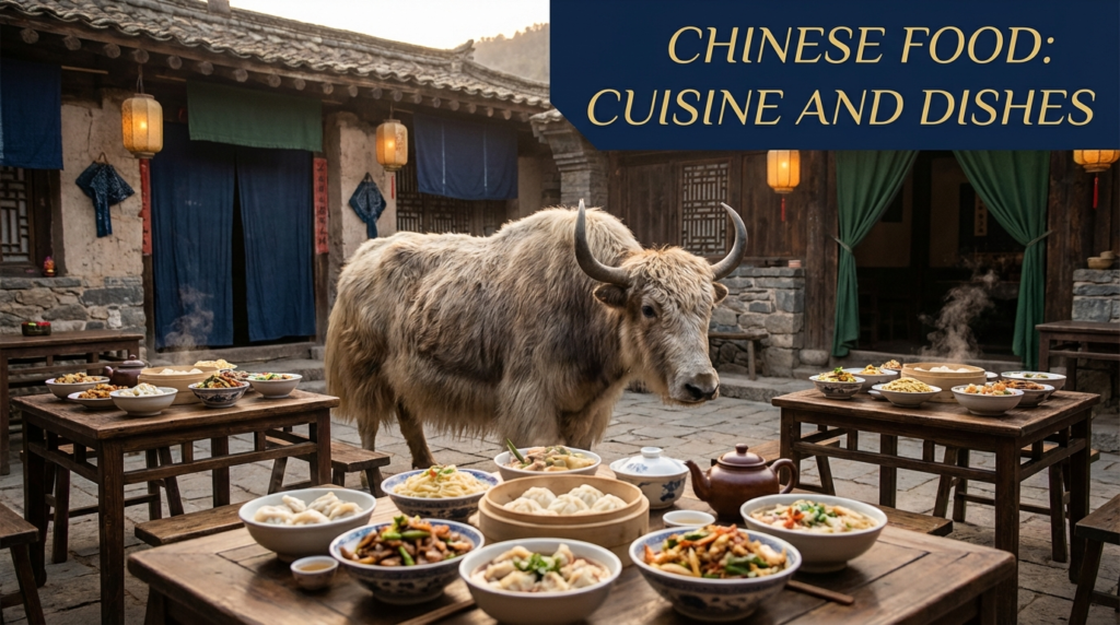 A personified yak Chinese teacher that teaches simplified Chinese food vocabulary for Chinese cuisine and dishes.