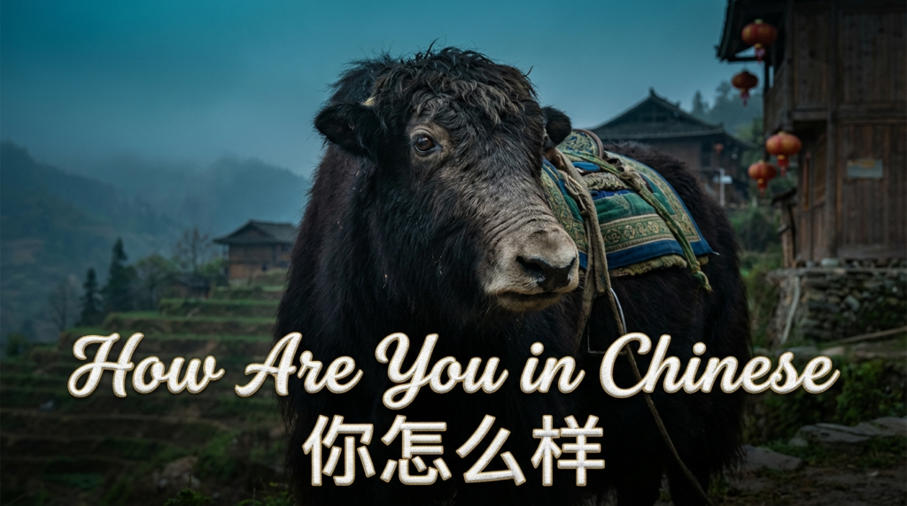 A personified yak Chinese teacher that explains how are you in Chinese with 你好吗 (nǐ hǎo ma) and natural beginner phrases.
