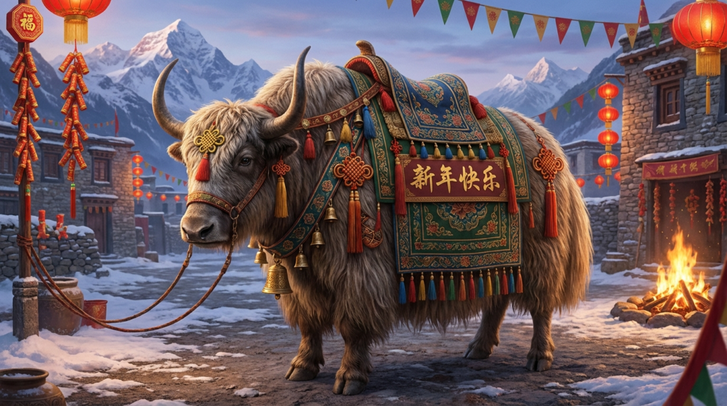 A personified yak Chinese teacher that teaches Happy New Year in Chinese for beginners.