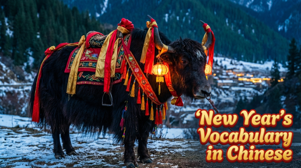 A personified yak Chinese teacher that teaches Chinese New Year vocabulary in simplified Chinese with pinyin for beginners.