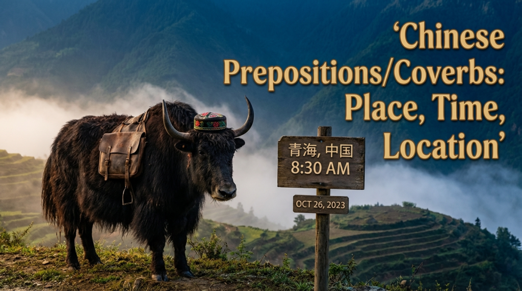 A personified yak Chinese teacher that explains simplified Chinese prepositions for place, time, and location.