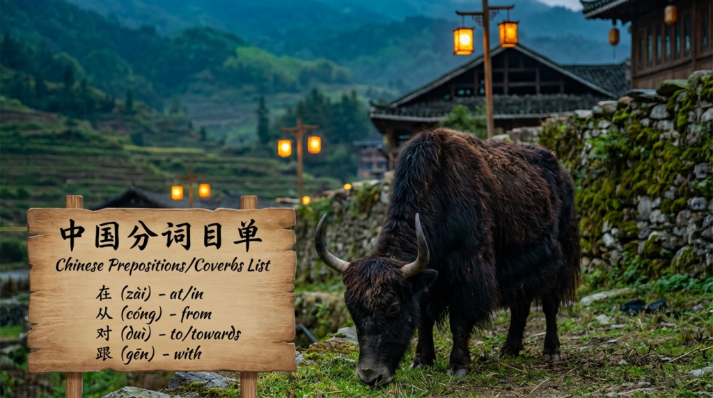 A personified yak Chinese teacher that teaches Chinese prepositions and coverbs list with pinyin and real examples.