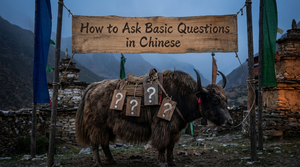 A personified yak Chinese teacher that teaches simplified Chinese basic questions with pinyin and real beginner examples.