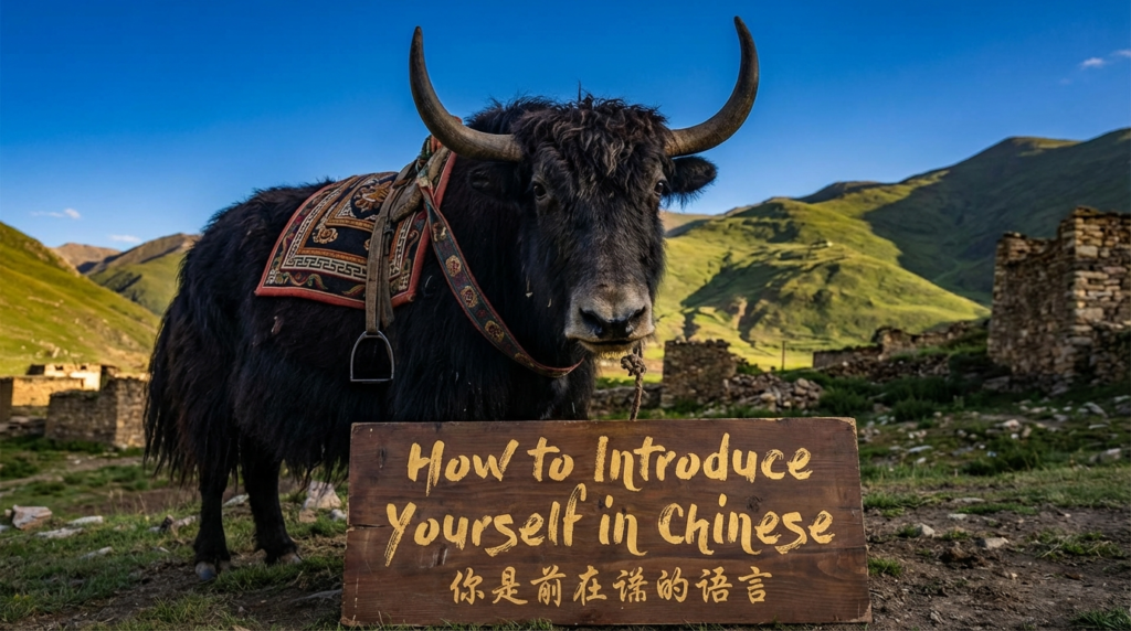 A personified yak Chinese teacher that teaches how to introduce yourself in Chinese with beginner self-introduction phrases.