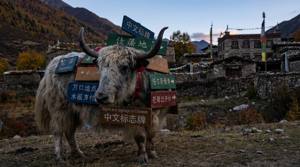 A personified yak Chinese teacher that teaches Chinese signs and signage words and phrases with pinyin for beginners.
