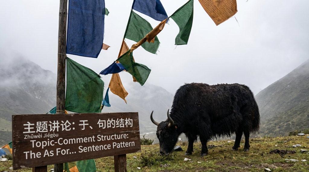 A personified yak Chinese teacher that explains simplified Chinese as for pattern and topic-comment sentences.